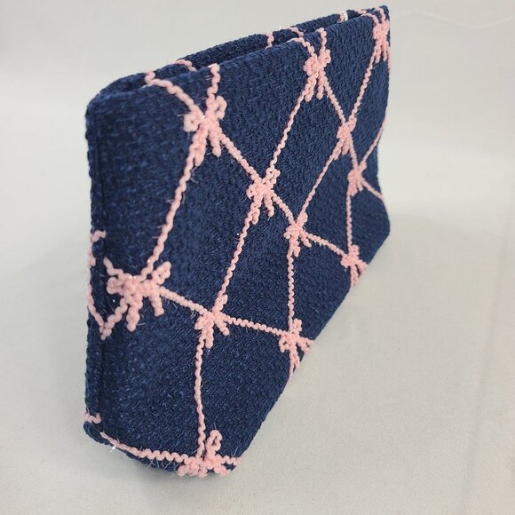 NWT Shiraleah Navy Tinsel Bow Zip Pouch With Pink Embroidered Design Fully Lined - Picture 5 of 6